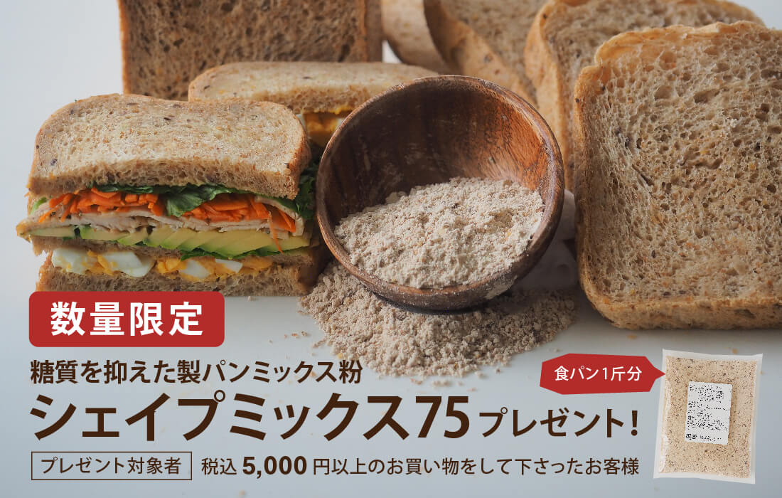 <span>シェイプミックス95gプレゼント！</span>糖質OFFのヘルシーブレッドが手軽に作れるミックス粉。</span>