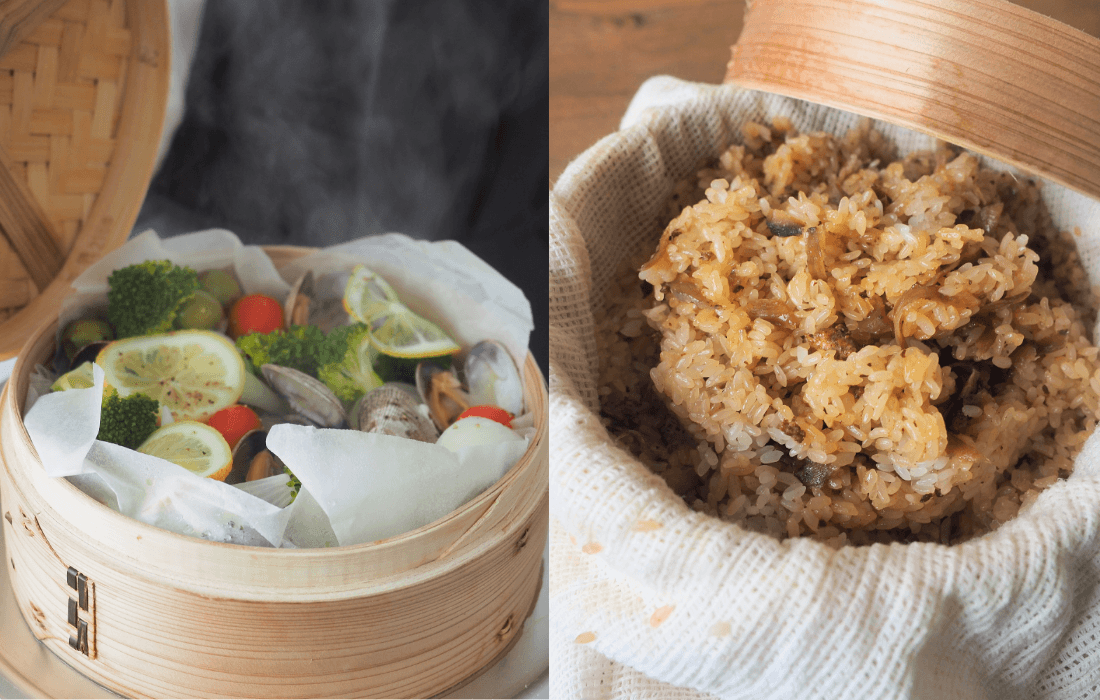 クッキングシートを使った野菜蒸し・蒸し布を使ったおこわの写真