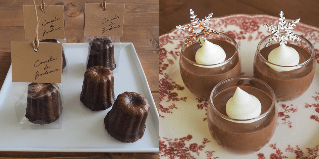 ミックス粉で作ったカヌレとチョコレートムースの写真