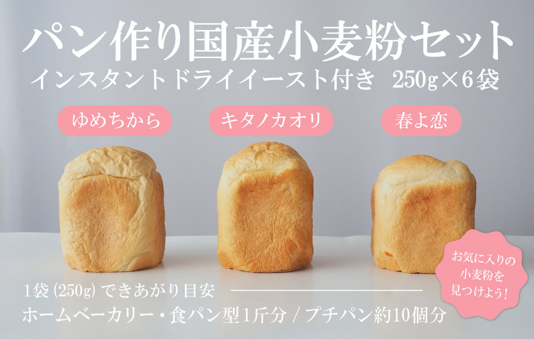  <h3>パン作り 国産小麦粉セット</h3>人気の国産小麦3種が2袋ずつ入ったお得なセット。イースト付き。</span>