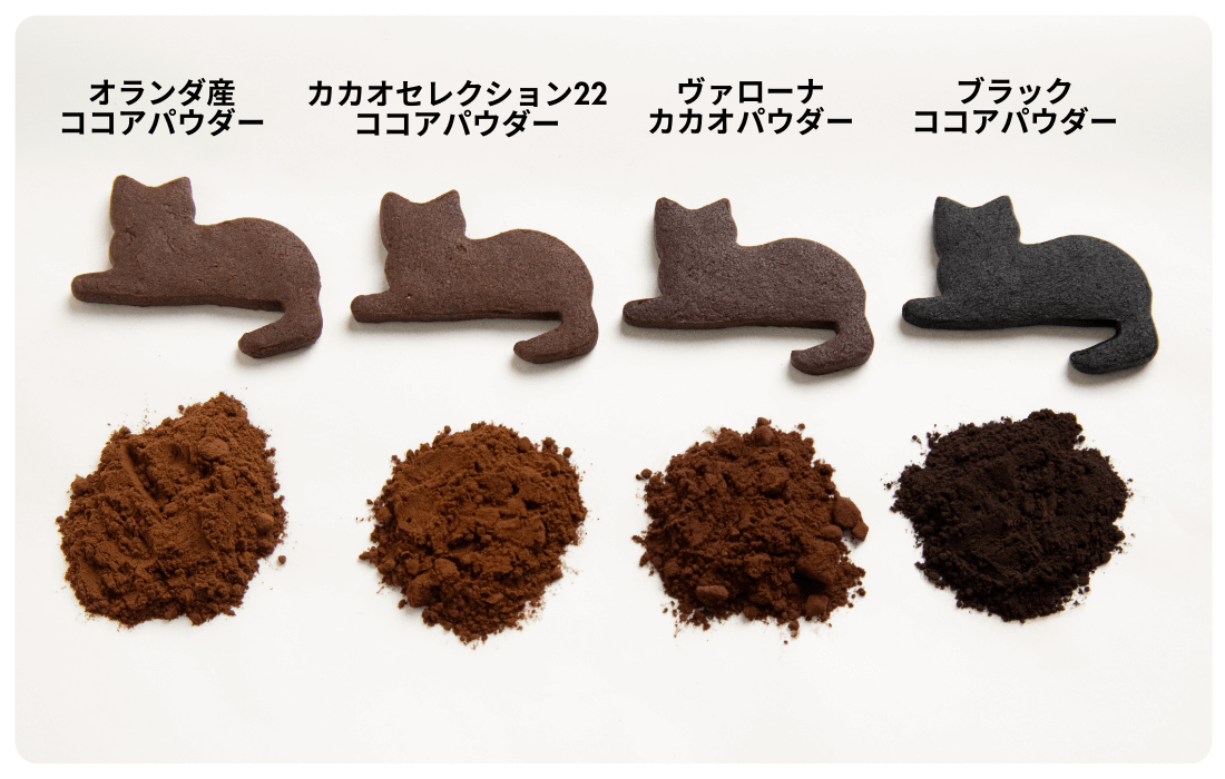 4種のココアパウダーとそれぞれのココアパウダーを使って焼いたクッキーの写真